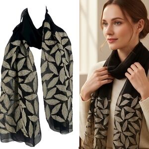Shawlsmith London Black Sheer Leaf Print Scarf Wrap Shawl‎